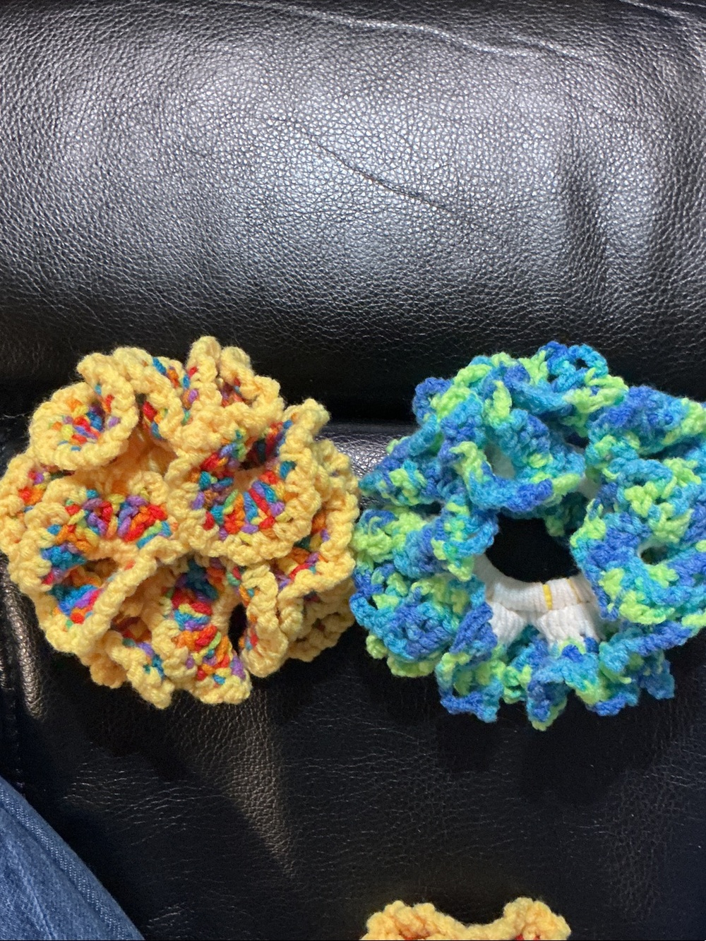 Hand Crafted Crochet Scrunchies in Yellow Multicolor & Blue Green Multicolor